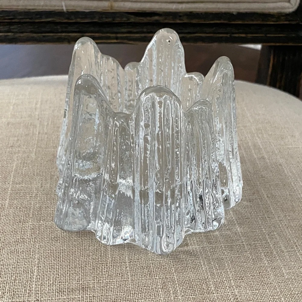 NYBRO Sweden 1970s Volcano Crystal Glass Votive Candle Holder - Rune Strand 3.5”